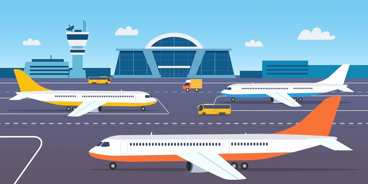 An illustration of three aeroplanes on an airport runway in front of a terminal with a traffic control tower next to the terminal with a blue sky above. There are three vehicles on the tarmac too.