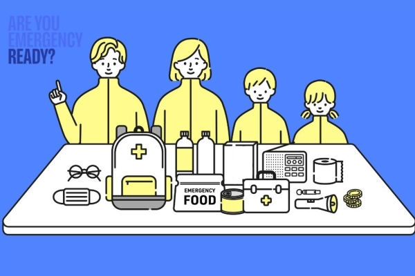 An illustration of a family of four stood with emergency essentials including food, batteries, wind up radio.