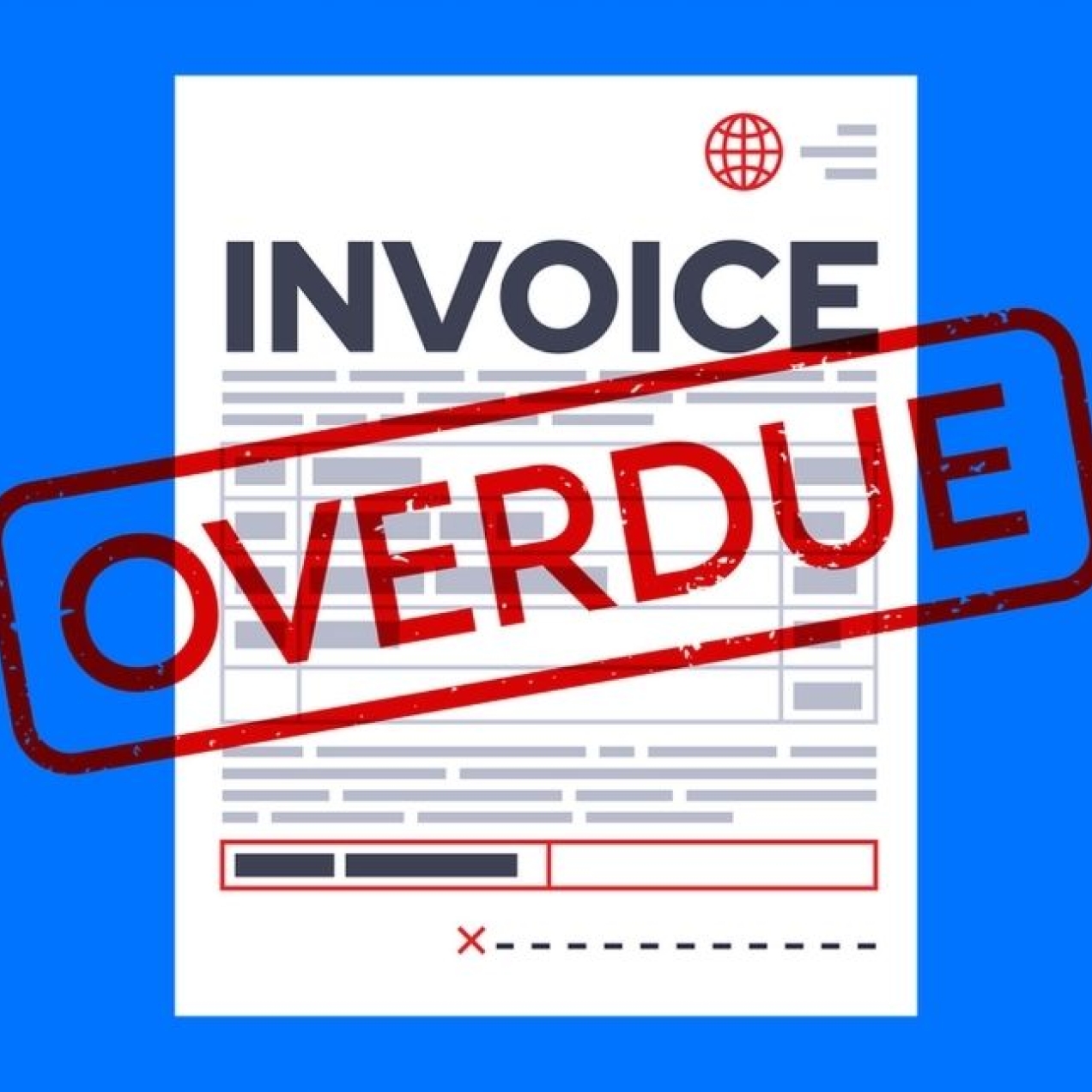 An illustration on a blue background of a white paper invoice with the word overdue stamped across it in red