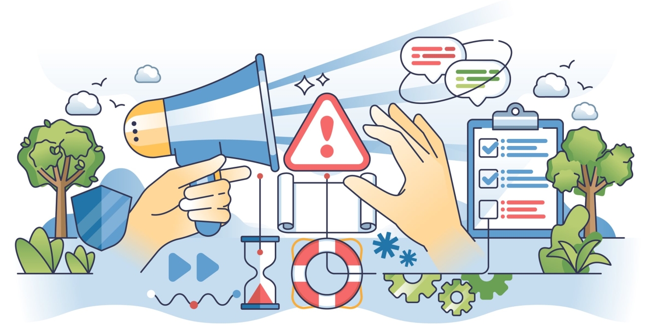 An abstract illustration representing crisis communication featuring a warning symbol, hand, megaphone, life buoy, checklist, speech bubbles, egg timer, shield, cogs and trees