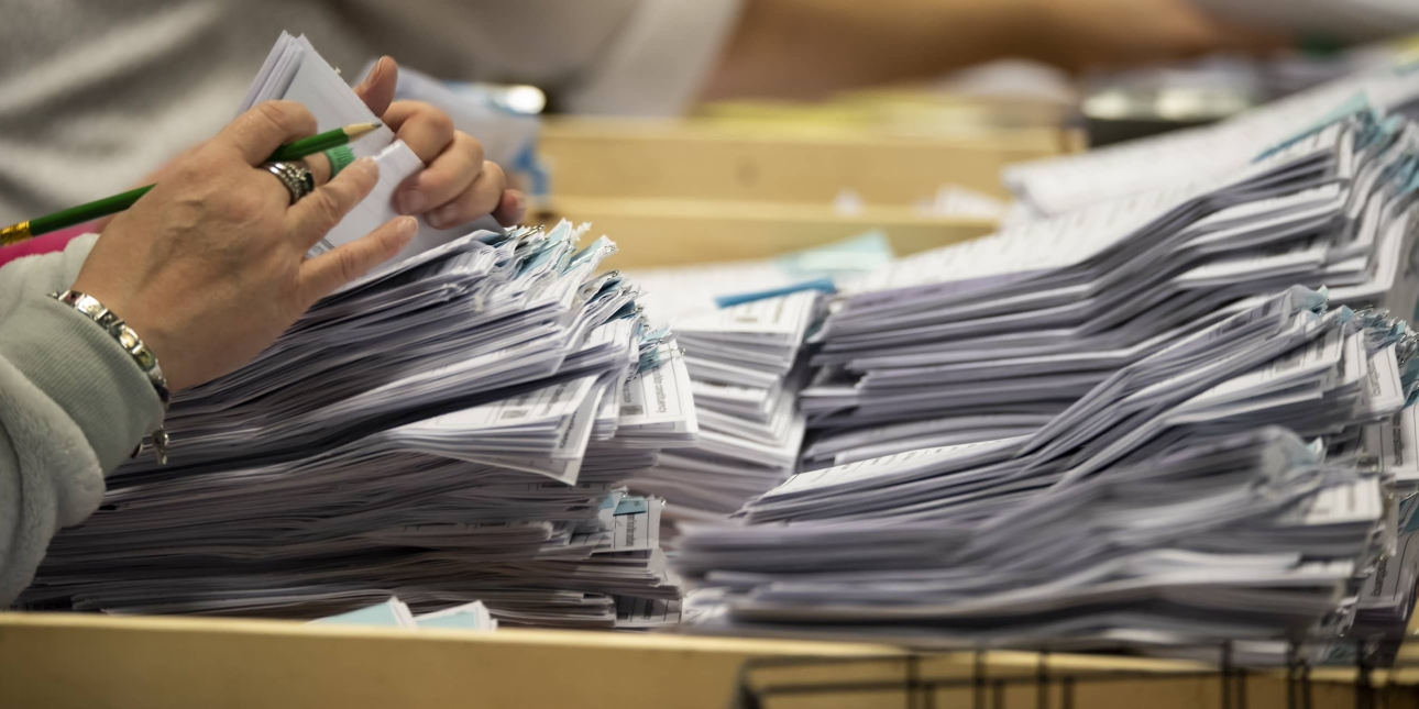 The counting by hand of ballot papers on election night