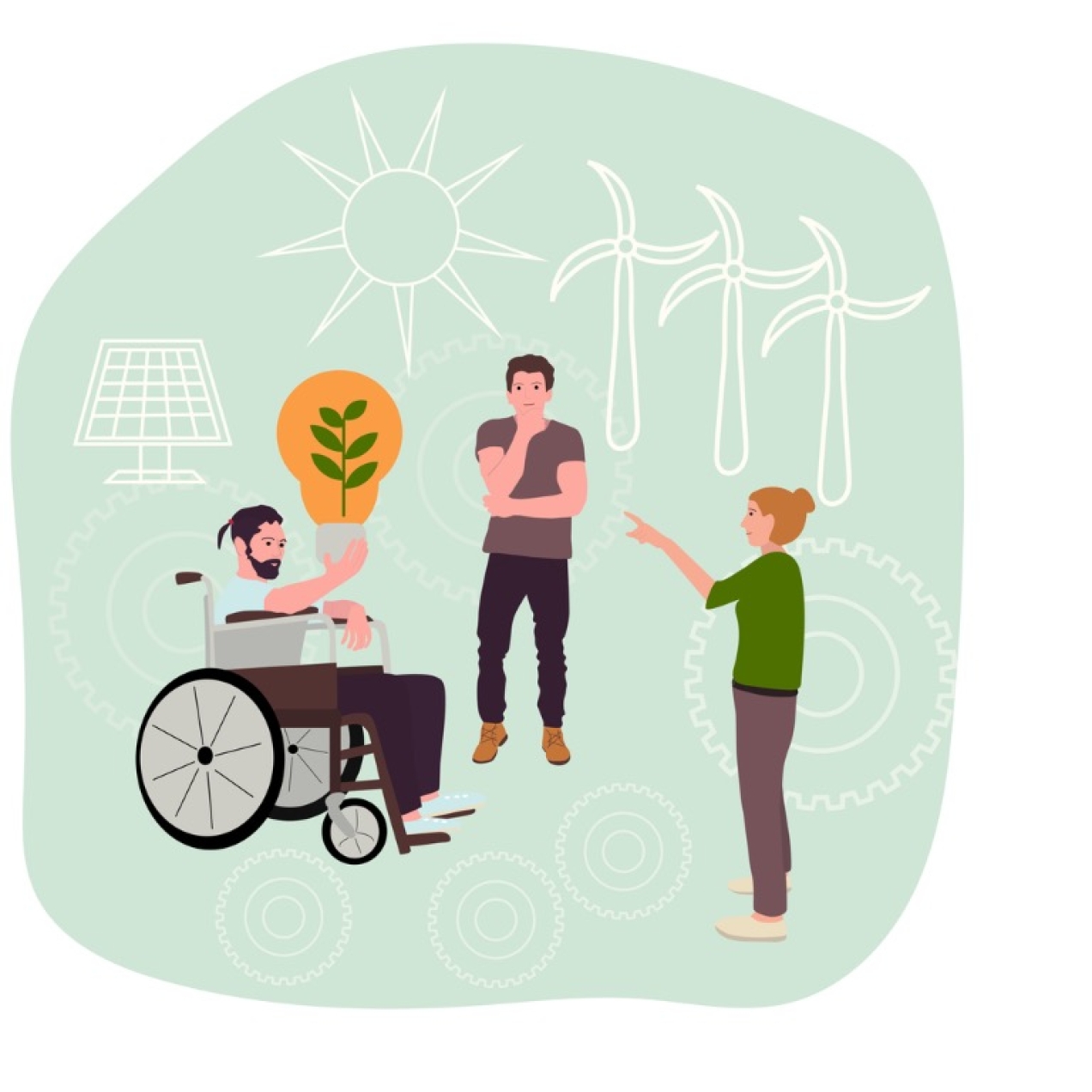 Illustration of three people surrounding by a sun, wind turbines, solar panels and cogs. Two people are standing, one uses a wheelchair handhelds a lightbulb with a green leaf inside it.