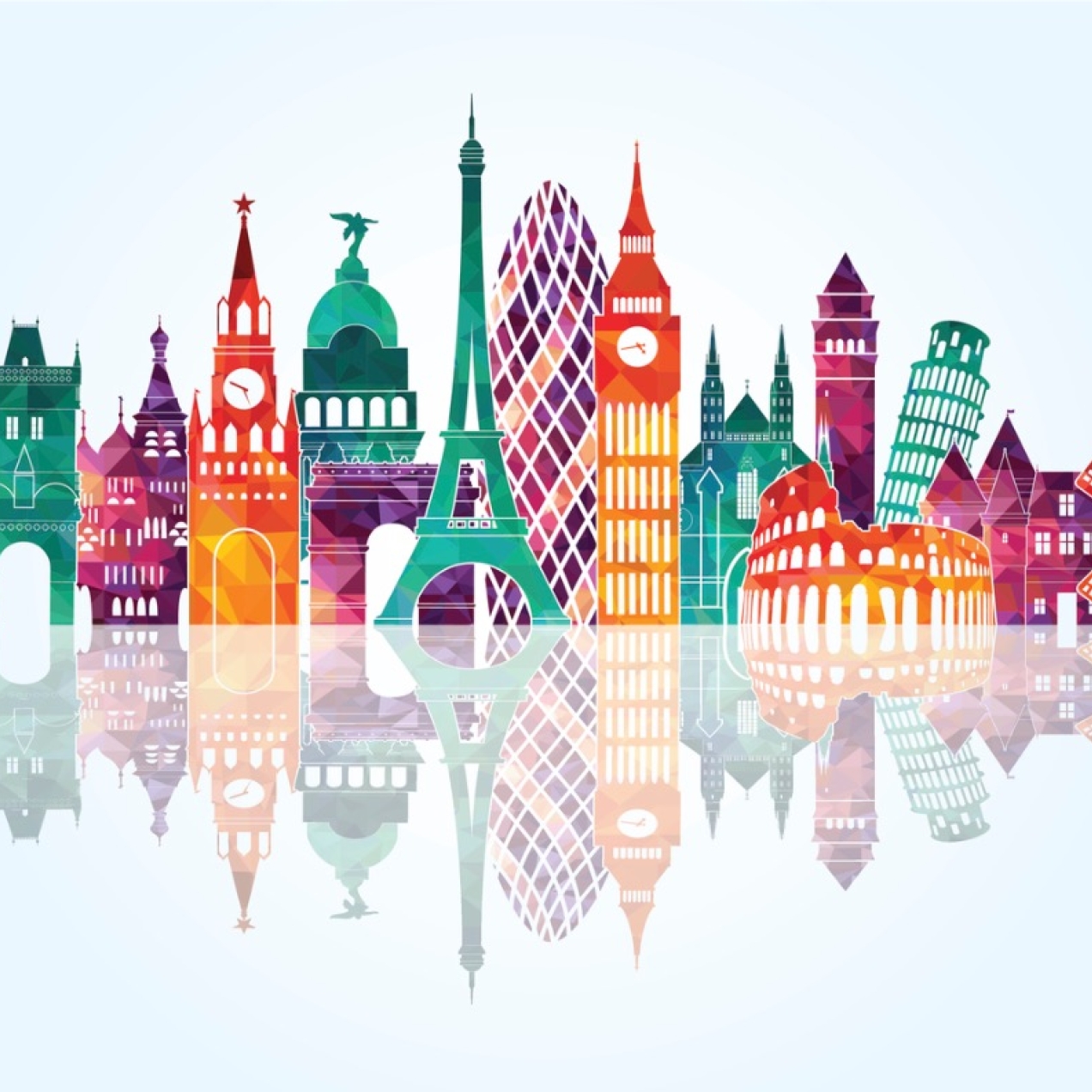 Skyline illustration of various European landmark buildings including the Eiffel Tower, Big Ben, the Colosseum, Arc de Triumph