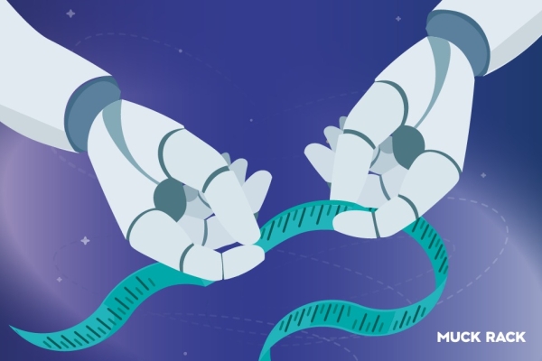 An illustration on a purple background of white robotic hands holding a measuring tape