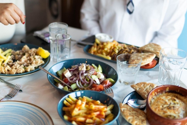 Greek food served at restaurant