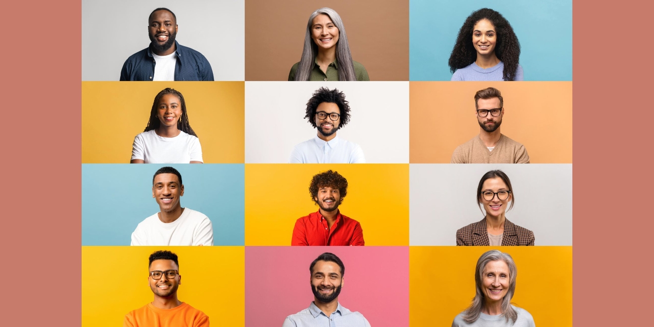 A montage of twelve equal sized coloured rectangles. Each rectangle is filled with a head and shoulders photograph of a smiling person. They are of different genders, ages and ethnicities.