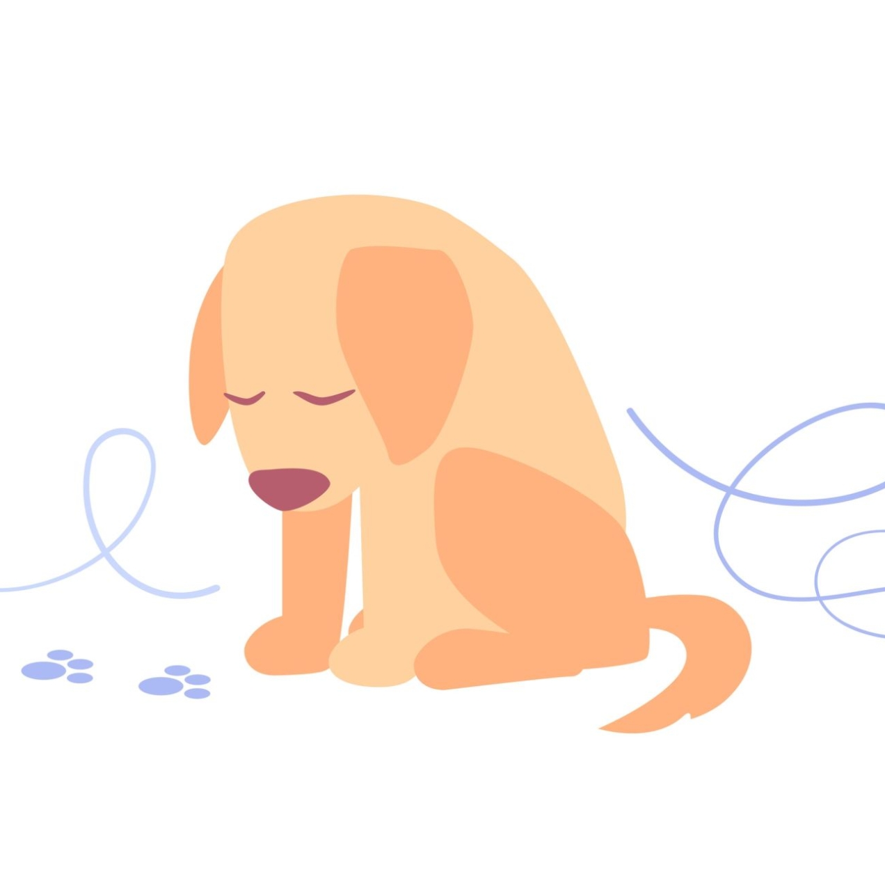 an illustration of a small pinky-brown puppy looking forlorn with background squiggles and pawprints