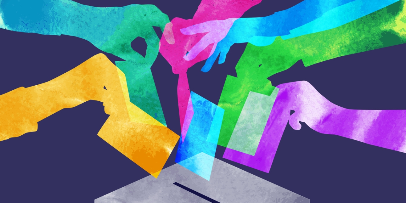Illustration of six hands casting their vote in a ballot box