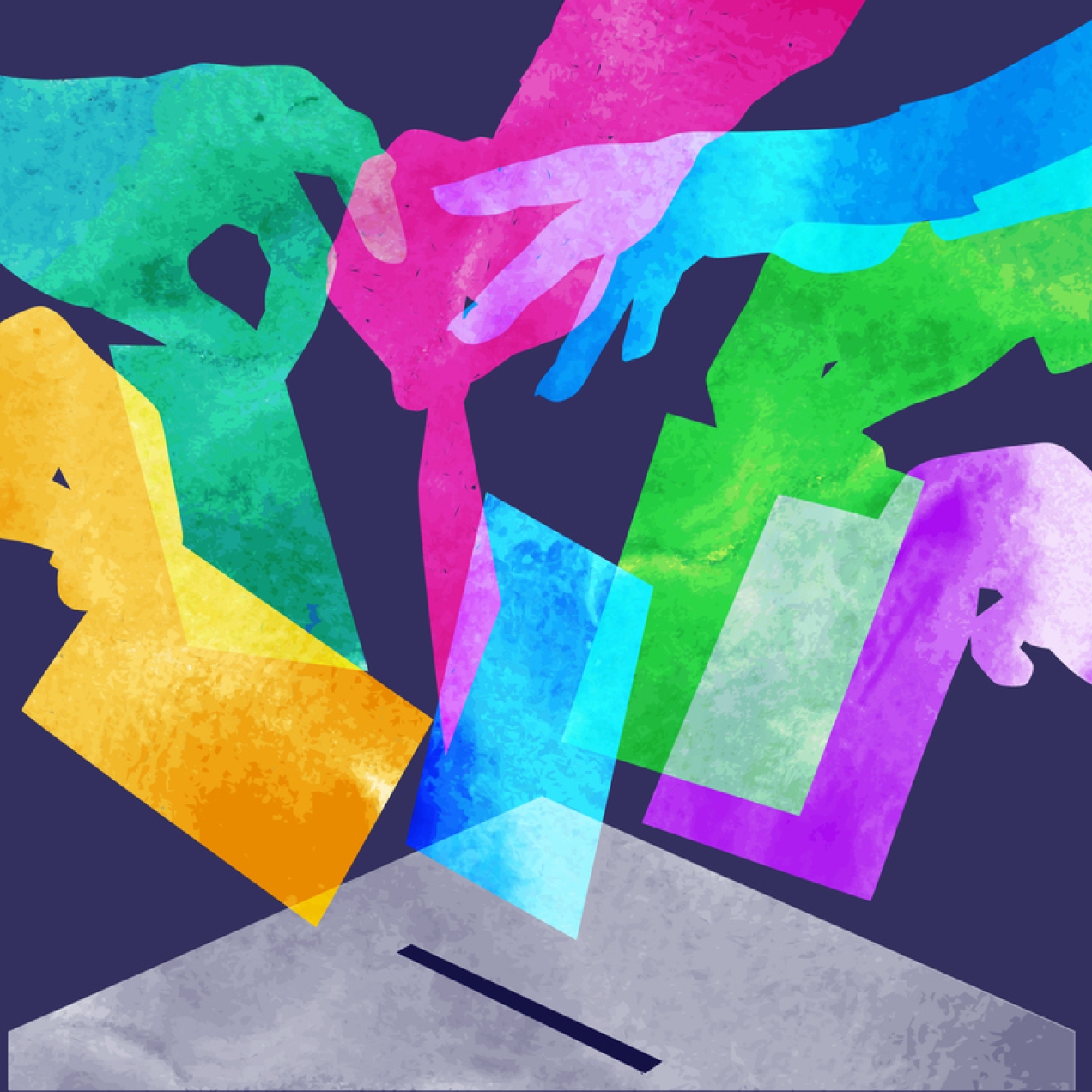 Illustration of six hands casting their vote in a ballot box