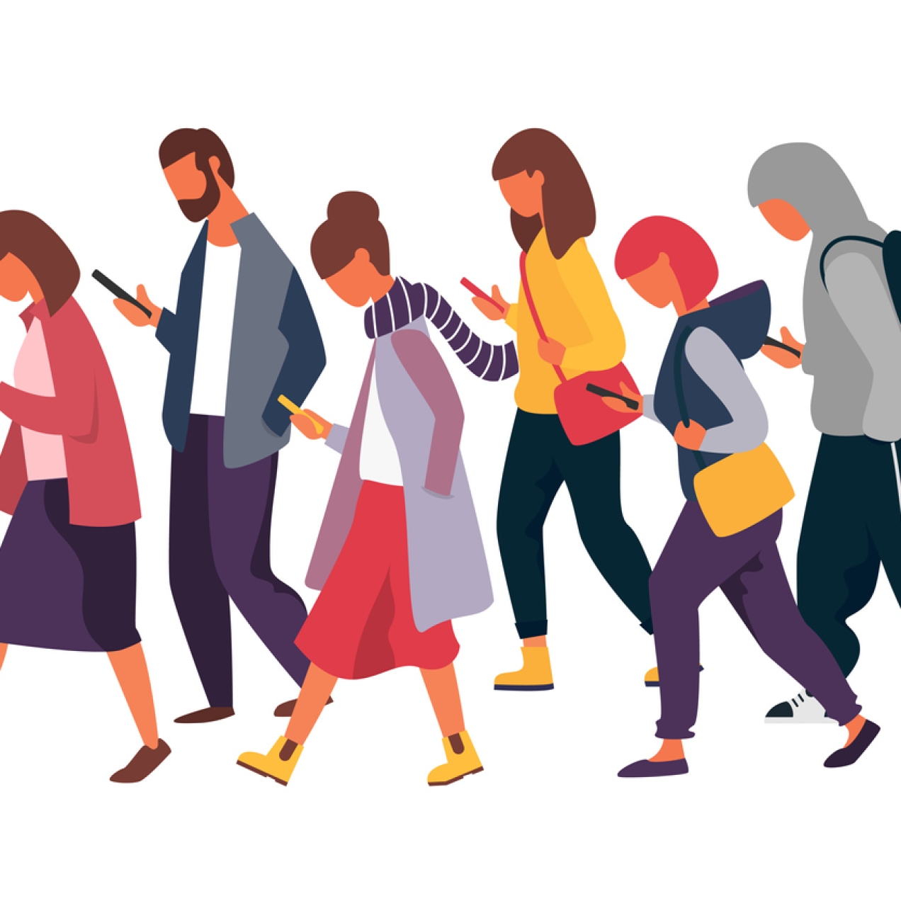 Illustration of six people walking with their heads down looking at the phones held in their hands