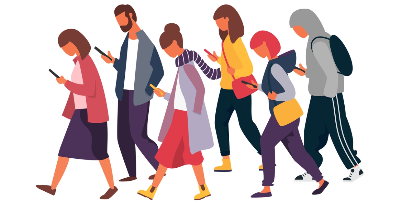 Illustration of six people walking with their heads down looking at the phones held in their hands