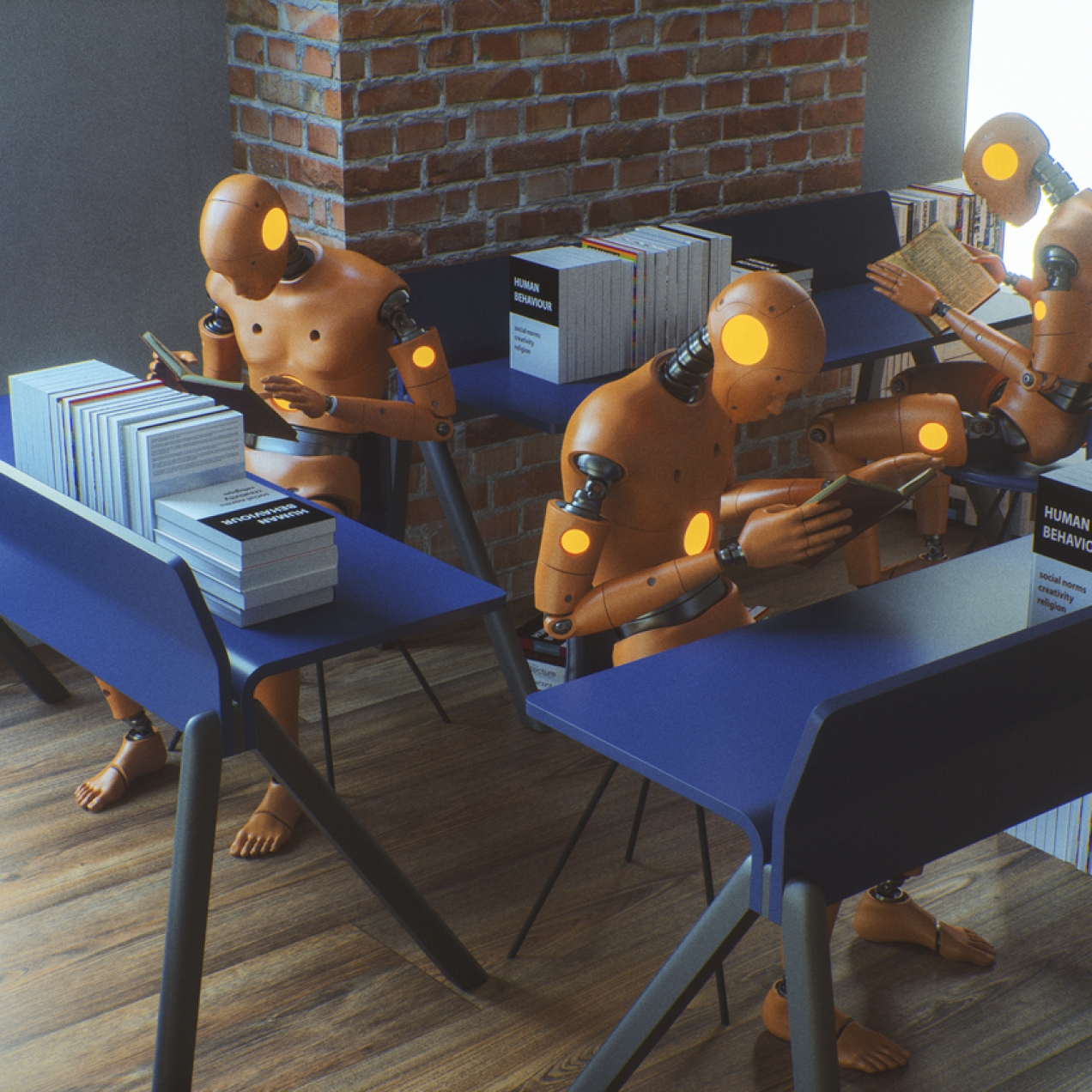 Three robotic forms sat at desks reading manuals on human behaviour