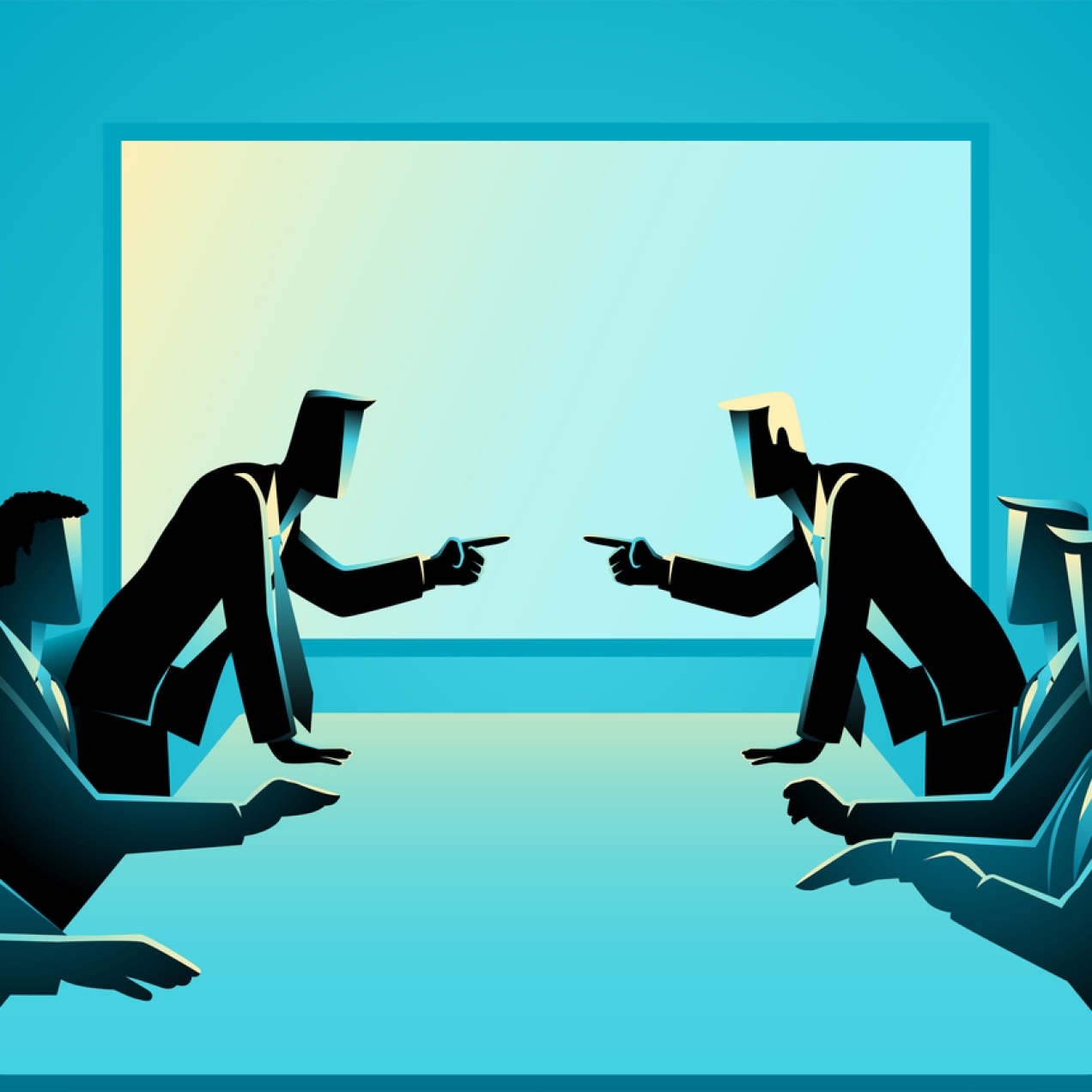 Illustration of two businesspeople stood pointing at each other in front of four colleagues sat around a board table