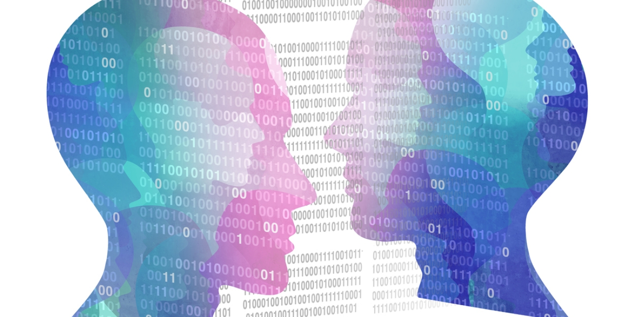 Two silhouettes of heads facing each other. They are made up of smaller heads. Binary numbers are in the background