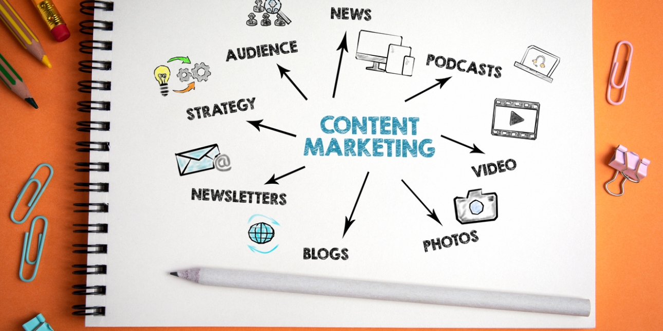 A pencil on a notepad. There are icons on the notepad to represent handwritten words: news, podcasts, video, photos, blogs, newsletters, strategy, audience.