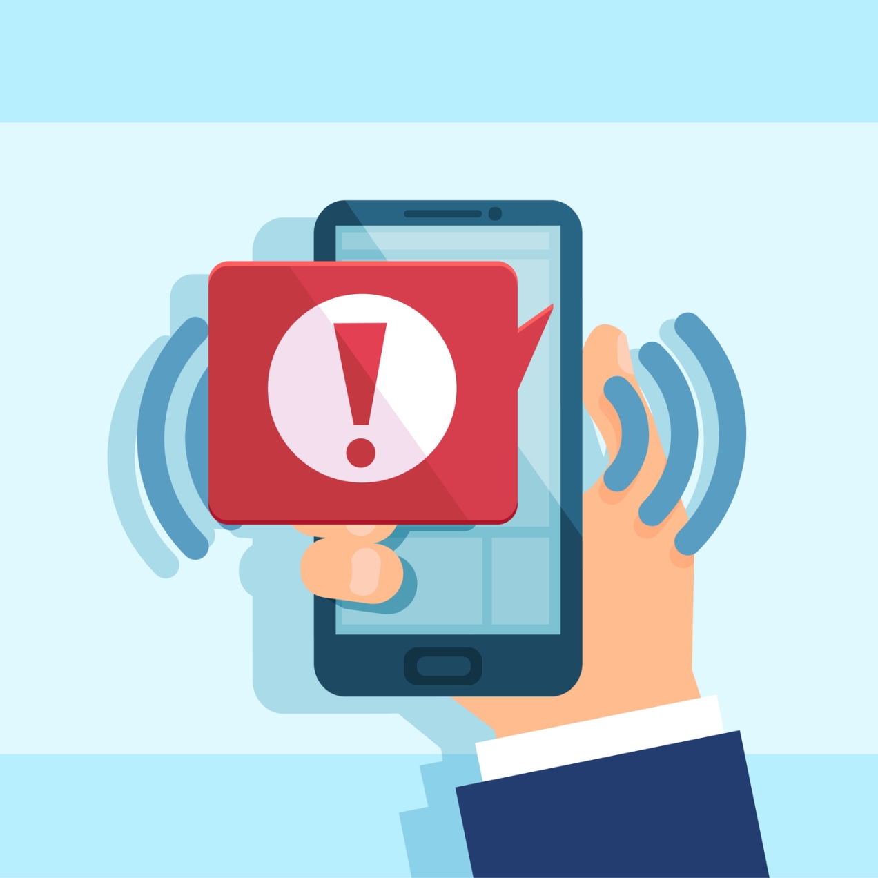 Illustration of a hand holding a mobile phone. A red message icon containing a red explanation mark in a white circle overlaps the screen. There sets of curved lines suggesting an audible alert.