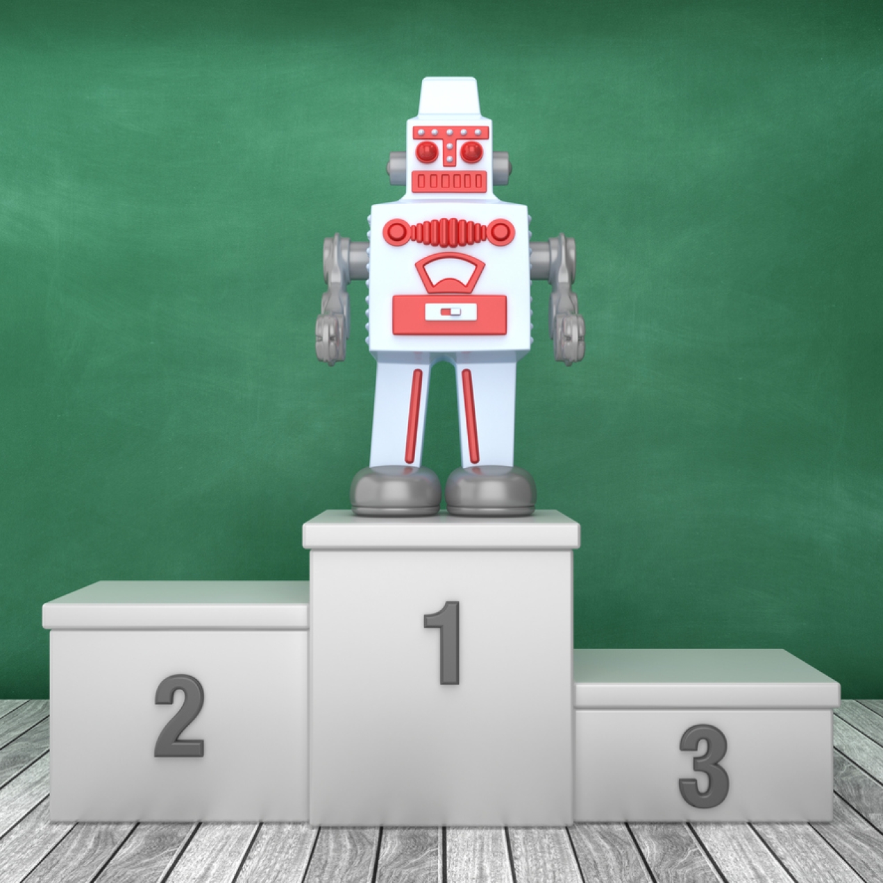 Illustration of a robot stood on the highest box of a three tiered podium. The boxes are numbered one, two and three from largest to smallest.