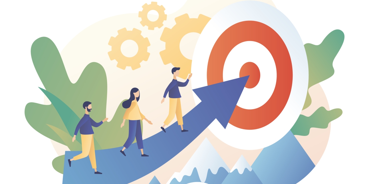 Illustration of three people walking on a blue arrow which is pointing towards a red and white target. There are green leaves, yellow cogs and blue and white mountains in the background