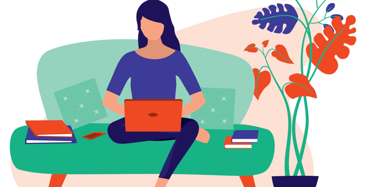 Illustration of a woman sat on a sofa working on a laptop with books, folders and a phone around her. There is a large plant on the right of her.