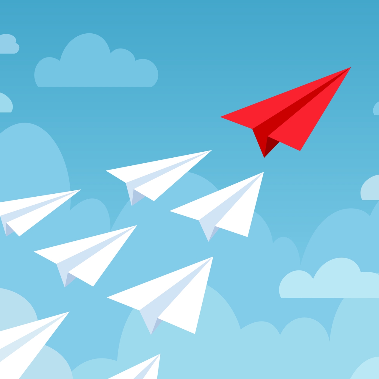 A red paper aeroplane leads nine white paper planes in an upward trajectory through illustrated sky and clouds