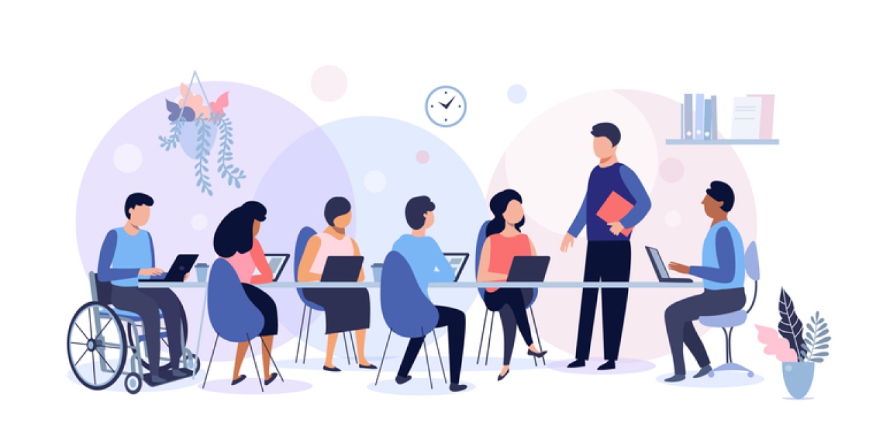 Illustration of seven team members around a table. One person is sat in a wheelchair, five are sat in seats, one is stood up. There are laptops and coffee cups on the table, with flowers and a clock in the background.