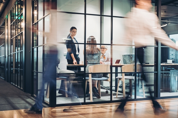 Three women inside a glass fronted meeting room. One is seen from the back and has long brown hair. The other two are white women, one sat and one stood up. The blurred outline of people walking past are in the foreground