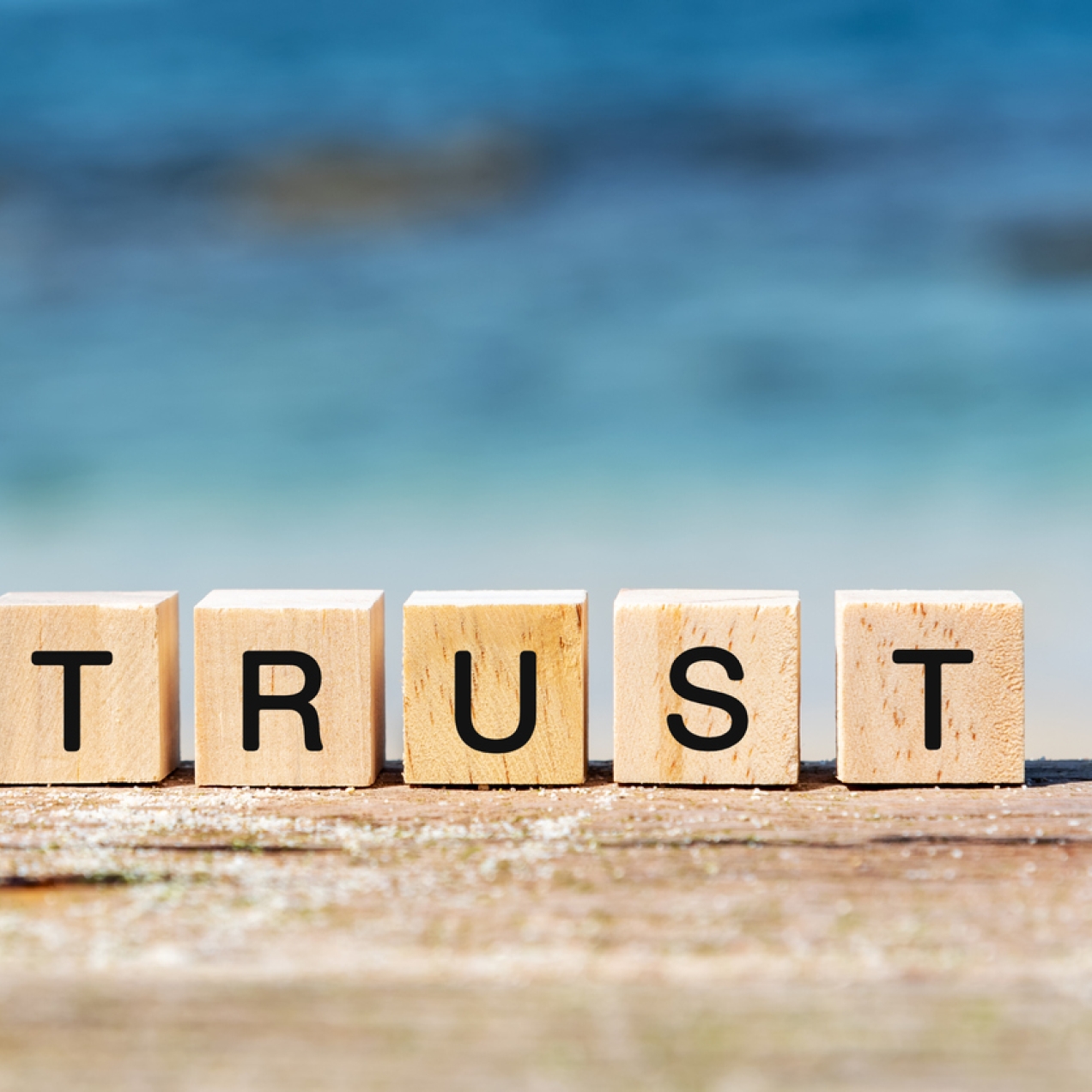 Five wooden blocks on a piece of wood spell out the word trust. The background is blue.