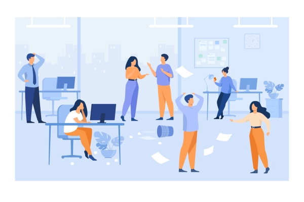 Illustration of seven people in an office in disarray. Paper flies around while one person scratches his head, another looks bored at a computer, two people converse, two people argue and one person looks at their mobile phone