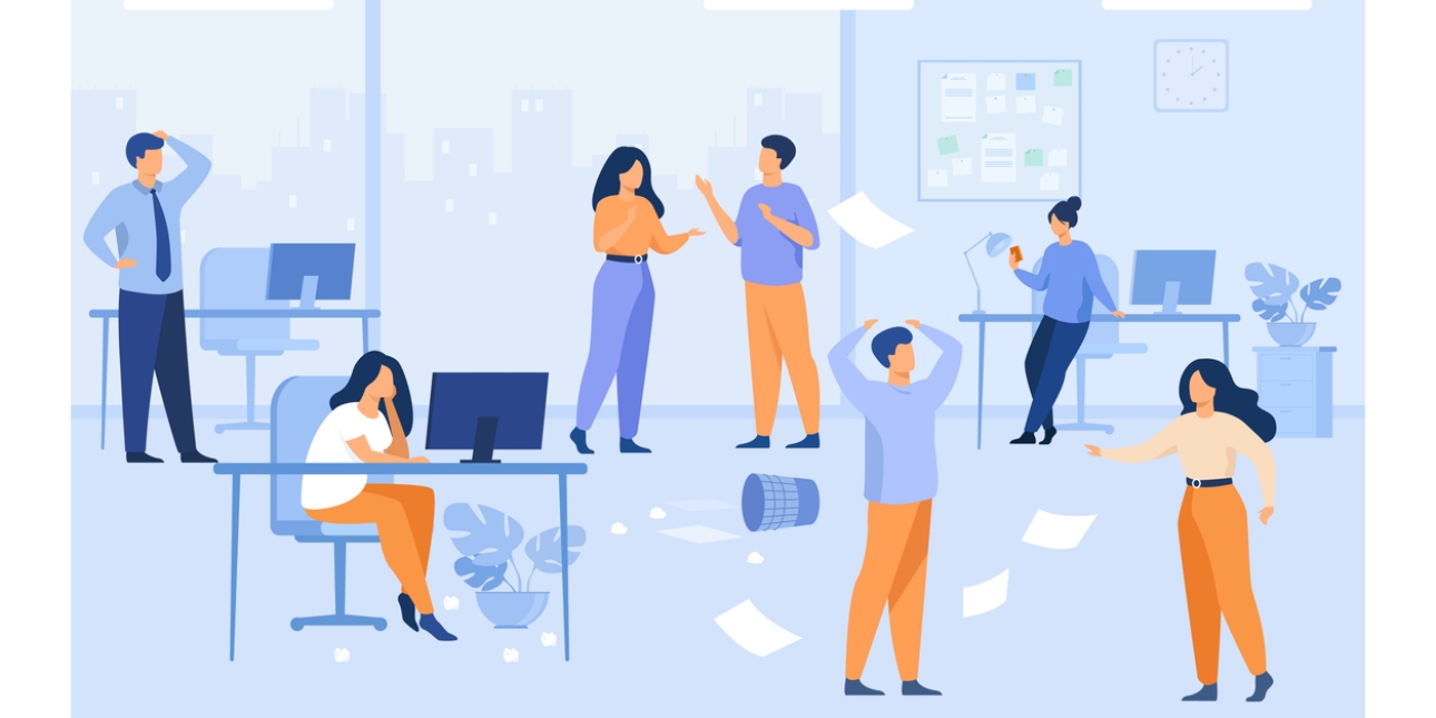 Illustration of seven people in an office in disarray. Paper flies around while one person scratches his head, another looks bored at a computer, two people converse, two people argue and one person looks at their mobile phone