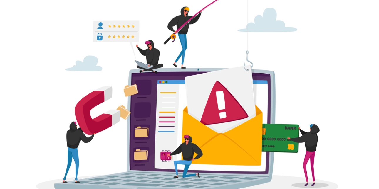 Illustration showing five masked robbers stealing information from a life-sized laptop through various means: using a magnetic to pill out files; unlocking user names and passwords; using a fishing rod to hook paper from an envelope, planting a bug a