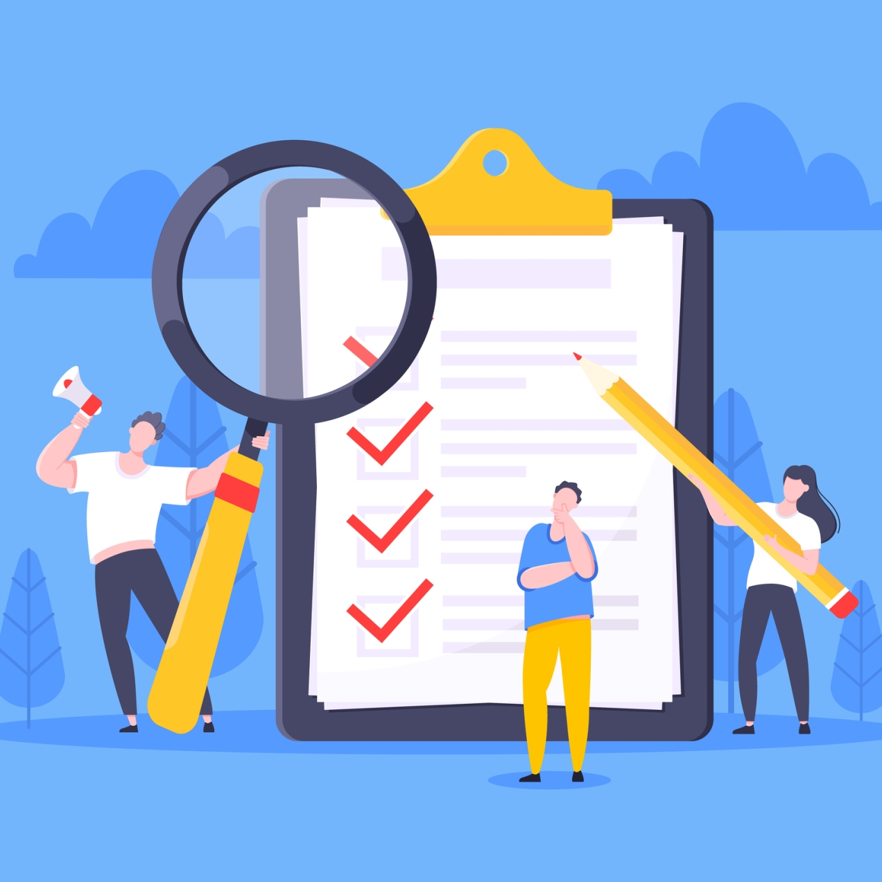 Illustration of three people stood in front of an oversized checklist. One holds a magnifying glass which is larger than them and a loud speaker, one holds an oversized pencil and the other is looking pensive