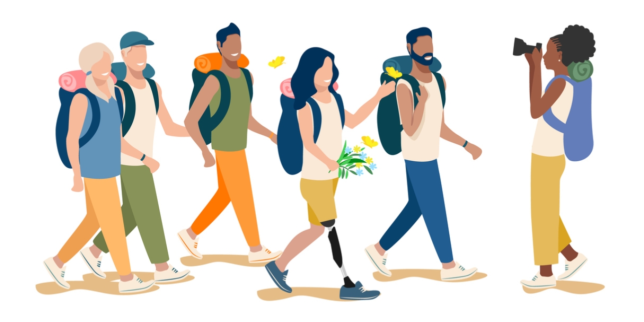 Illustration of six people hiking with rucksacks. They are a mix of genders with different skin tones to show different ethnicities. One woman has a prothetic leg. One woman is stood facing the others and taking a photo with a camera.