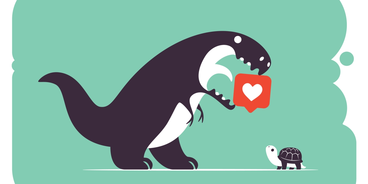 Illustration of a dinosaur with a heart icon its mouth. It is looking down at a tortoise.