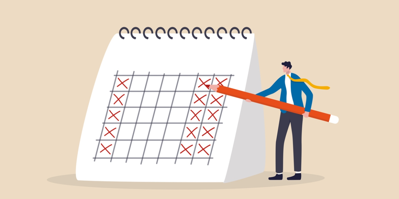 Illustration of a man in a blazer, trousers and tie holding an oversized pencil next to a giant calendar. There are red crosses on Monday and the weekend