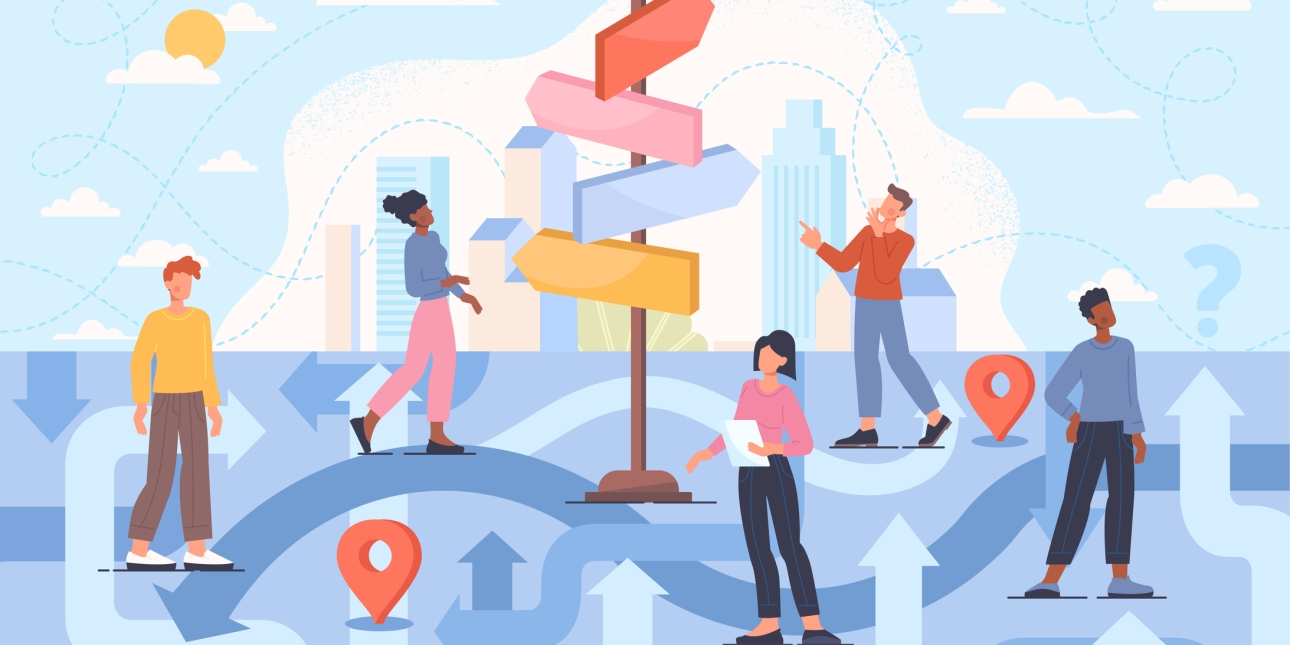 An illustration of a signpost with four signs pointing in different directions. There are five people looking in different directions and an assortment of arrows and way-finding markers against a skyscraper background with blue sky, sun and clouds