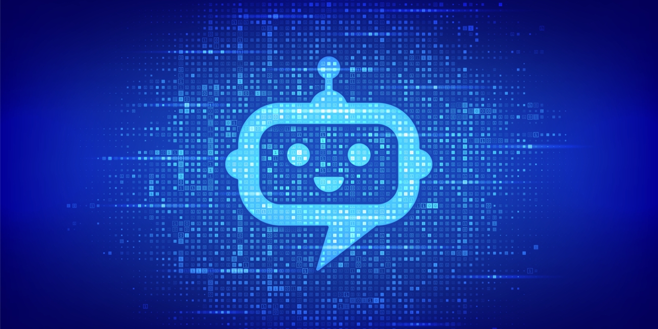 Dark blue background with a robot chatbot head icon in the foreground made of light blue binary code blocks.