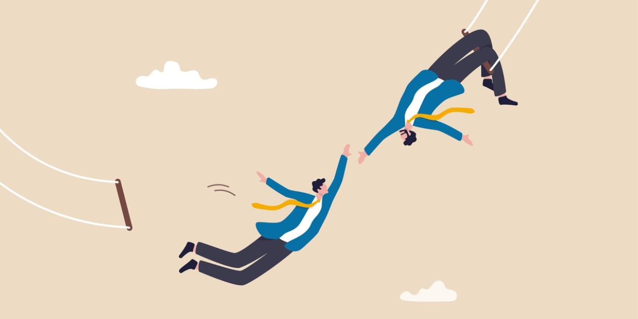 Illustration of two men in blue suits with yellow ties and black trousers. The man on the left has jumped from a trapeze and is about to be caught by the man on the right who is hanging from a different trapeze.