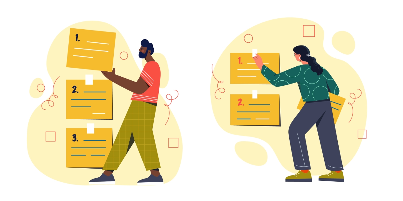 Illustration of two people rearranging a list of three life-size numbered sticky notes.
