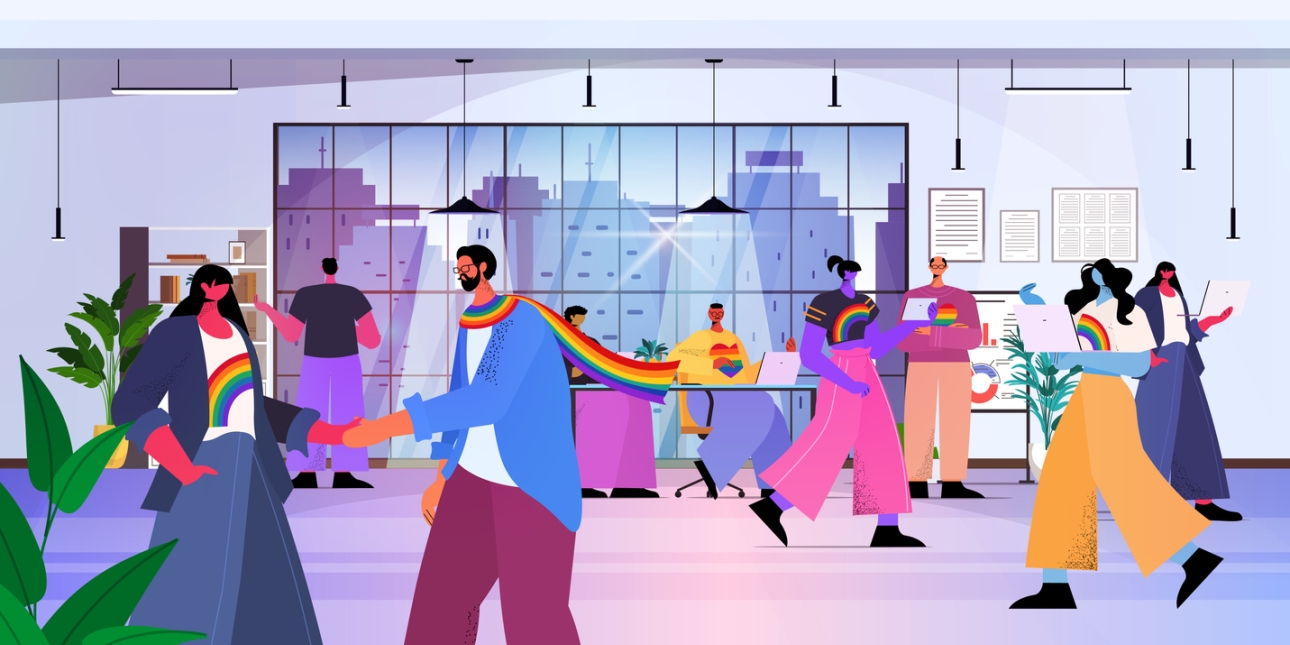 Illustration of group of people in an office wearing working together in office lgbt rainbow flags on their clothing