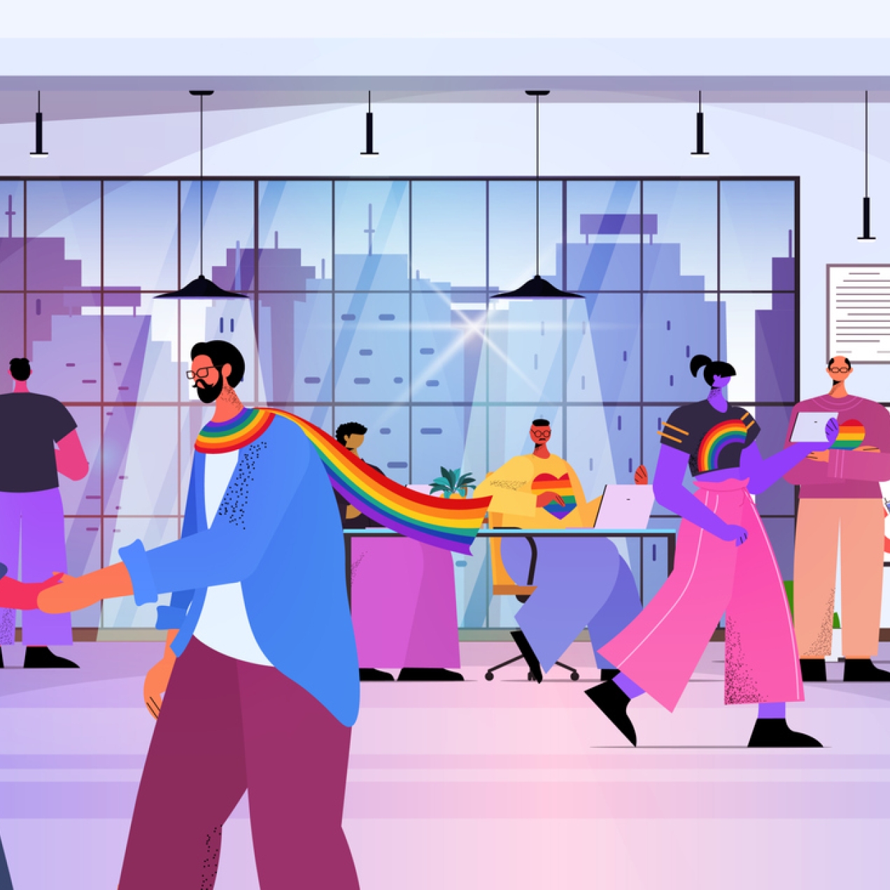 Illustration of group of people in an office wearing working together in office lgbt rainbow flags on their clothing
