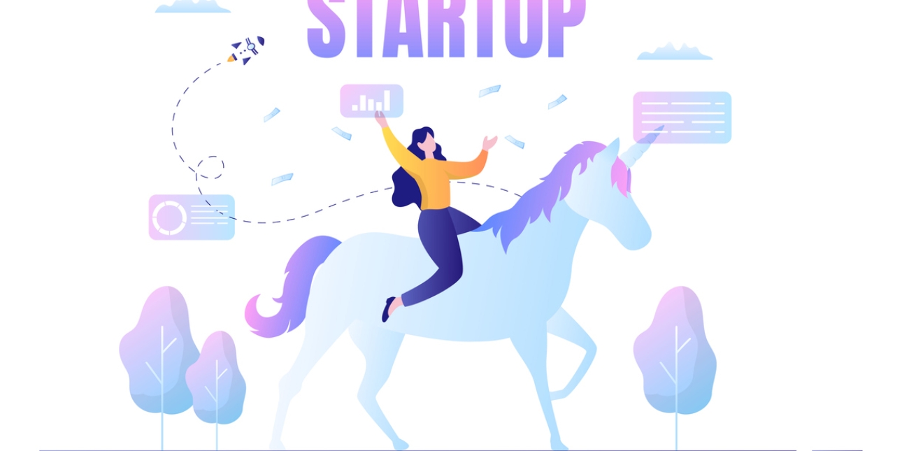Illustration of a woman in a yellow top and navy trousers riding a pale blue and purple unicorn. Above them is the word startup. There are images of charts, dials, trees, a rocket and banknotes circling them.