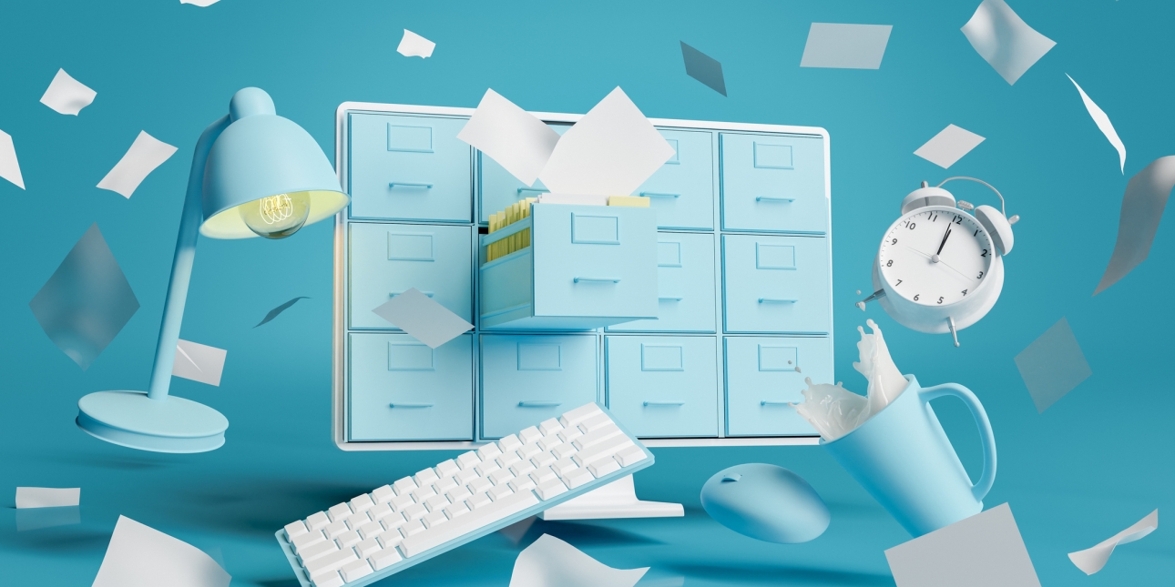 Illustration in turquoise, blue and white representing office chaos. A computer monitor displays a filing cabinet, from which paper work spills out. Objects float around the monitor: a cup with liquid spilling, a keyboard, lamp and alarm clock.