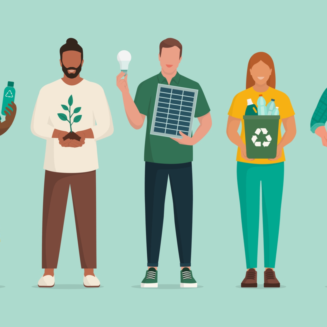 Illustration of three men and two women, with different skin tones, holding a variety of objects: a paper bag with recycling logo; a potted plant, lightbulb and solar panel; recycling bin; box of fruit