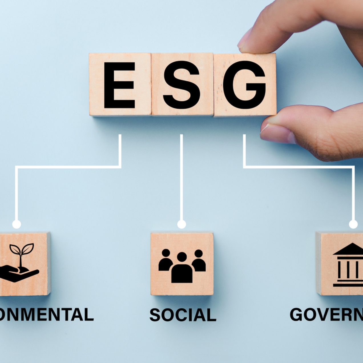 A finger and thumb place a wooden building block featuring the letter G next to blocks featuring E and S. Pen lines link them to three other blocks with icons representing Environmental, Social and Governance