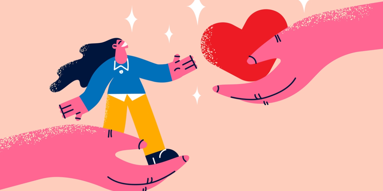 Illustration of a smiling woman with long hair and stood on a hand. Opposite her is another hand offering a large heart symbol
