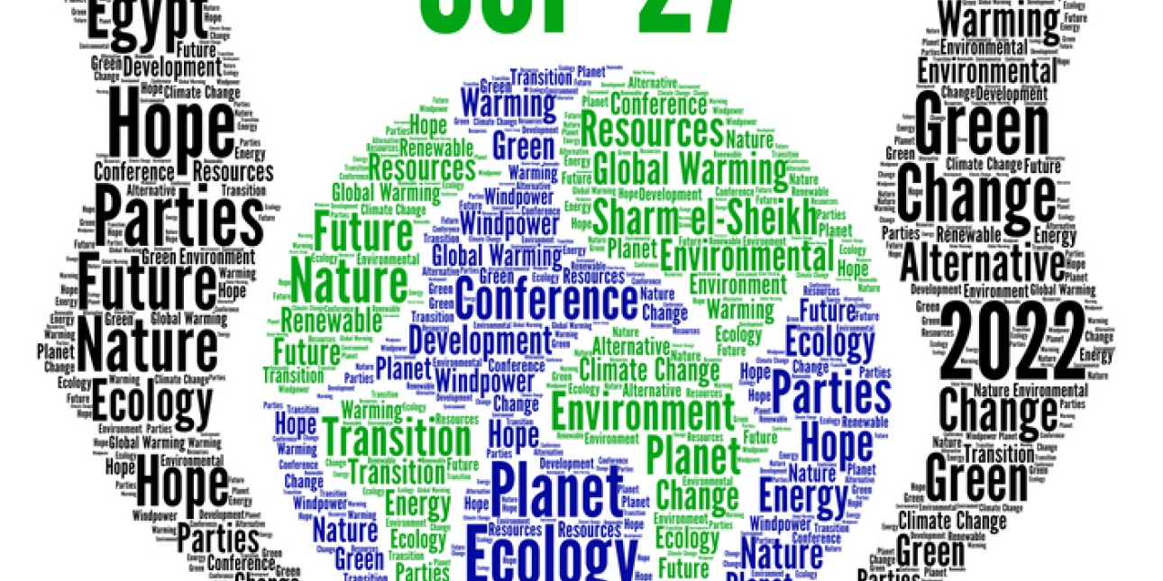 An illustration of two hands cradling a globe. The illustration is a word cloud featuring a selection of words related to the environment and COP27 including renewable, conference, Egypt, hope, parties, future, nature, ecology, hope