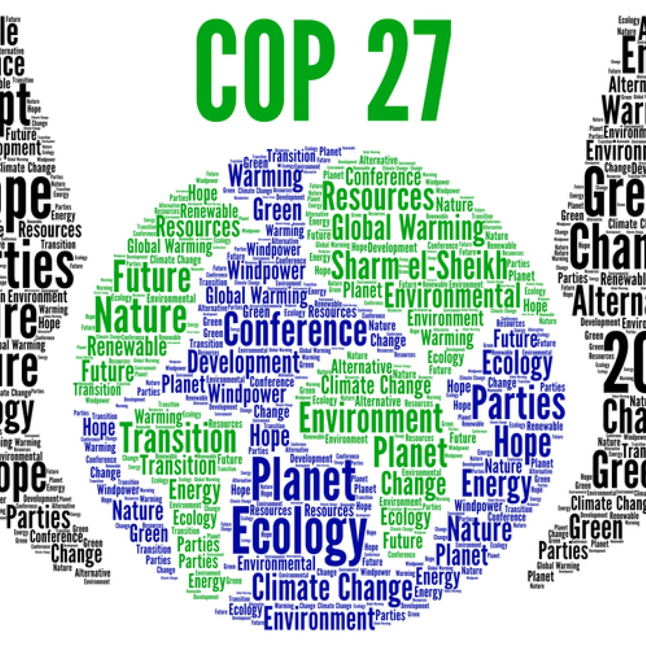 An illustration of two hands cradling a globe. The illustration is a word cloud featuring a selection of words related to the environment and COP27 including renewable, conference, Egypt, hope, parties, future, nature, ecology, hope