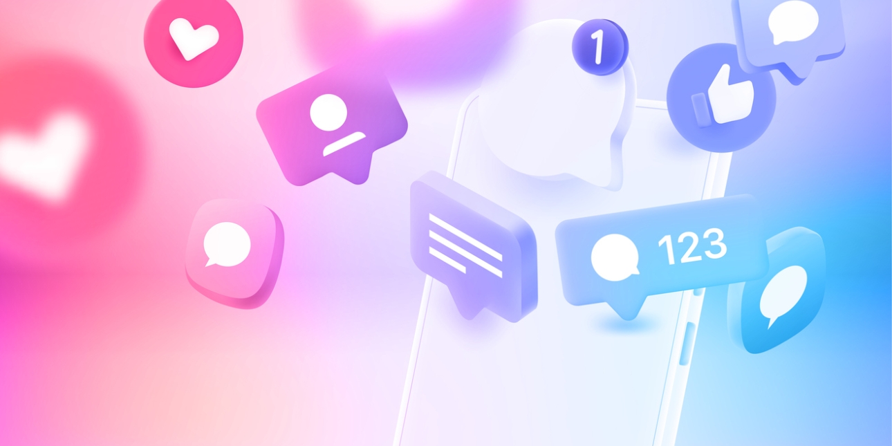A three dimensional render of a mobile phone with assorted social media icons surrounding it including hearts, thumbs up, speech bubbles and lines representing lines of text
