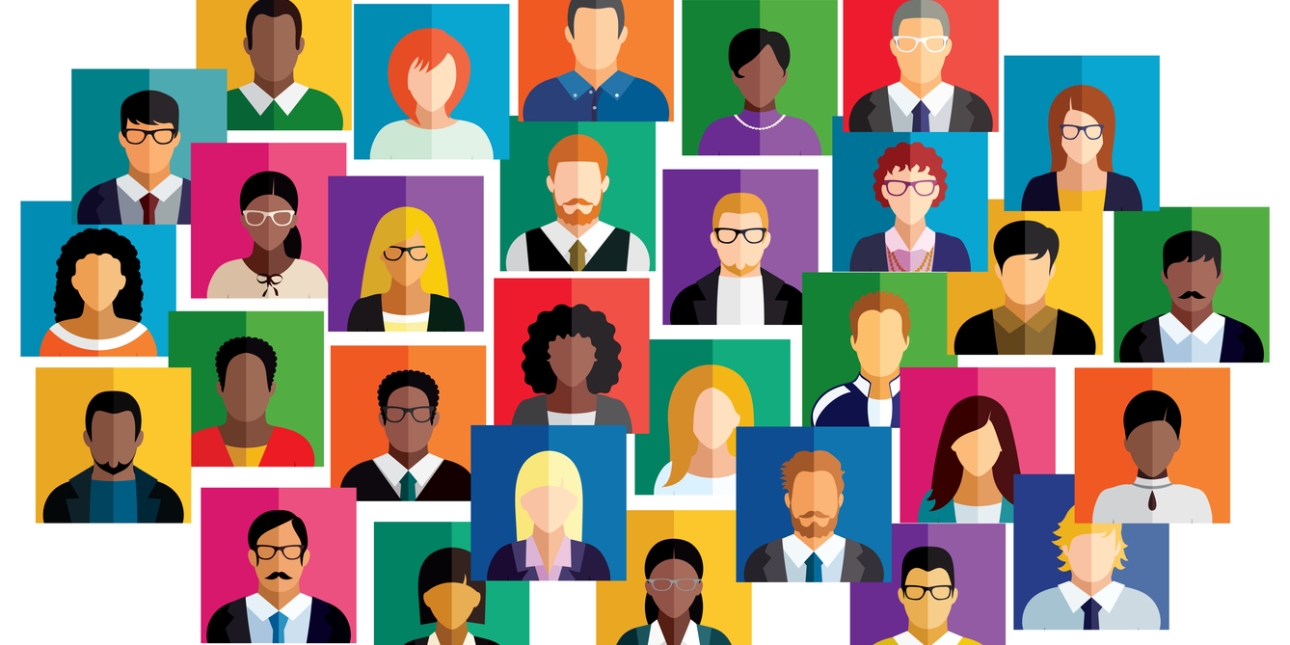 Illustration containing the faces, heads and shoulders of 30 people with different skin colour, hair, clothes and features