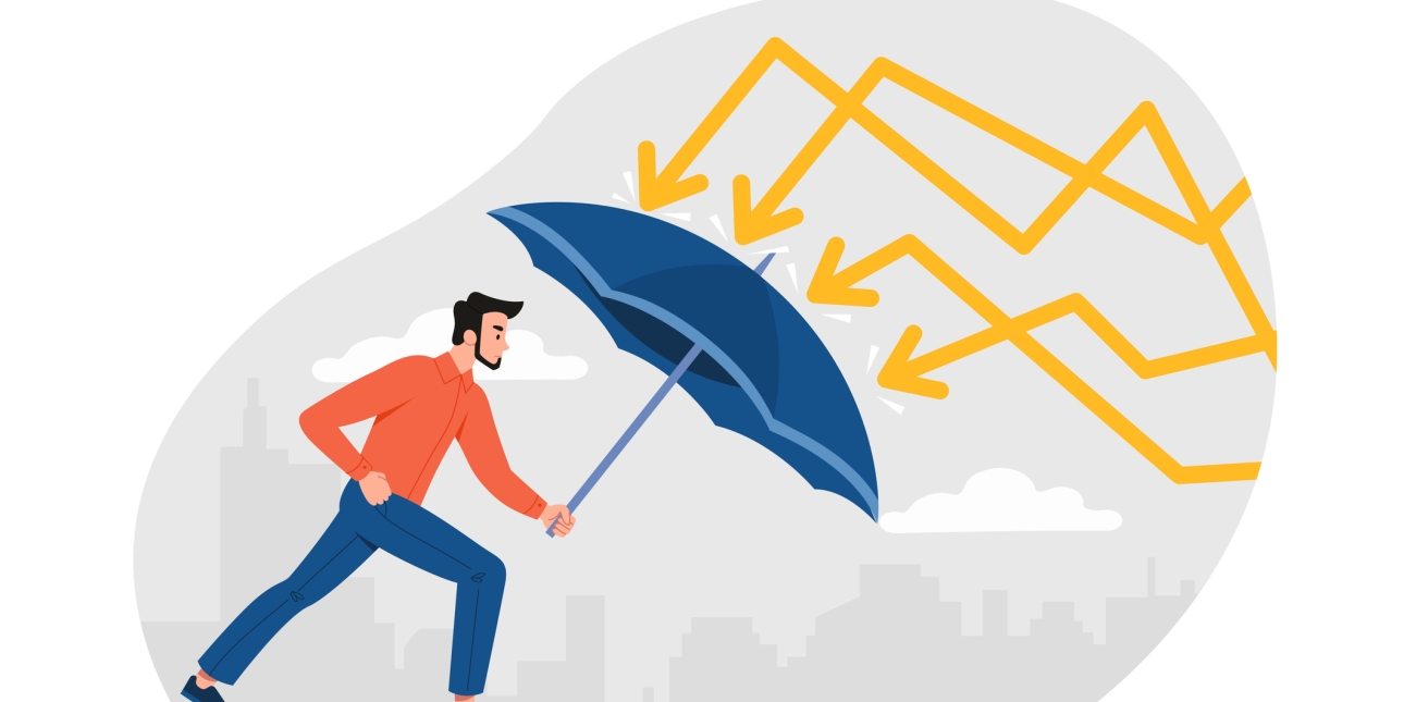 Illustration of a white man with dark hair and beard, wearing a red shirt and blue trousers, holding an umbrella in front of him to protect himself from four striking yellow arrows